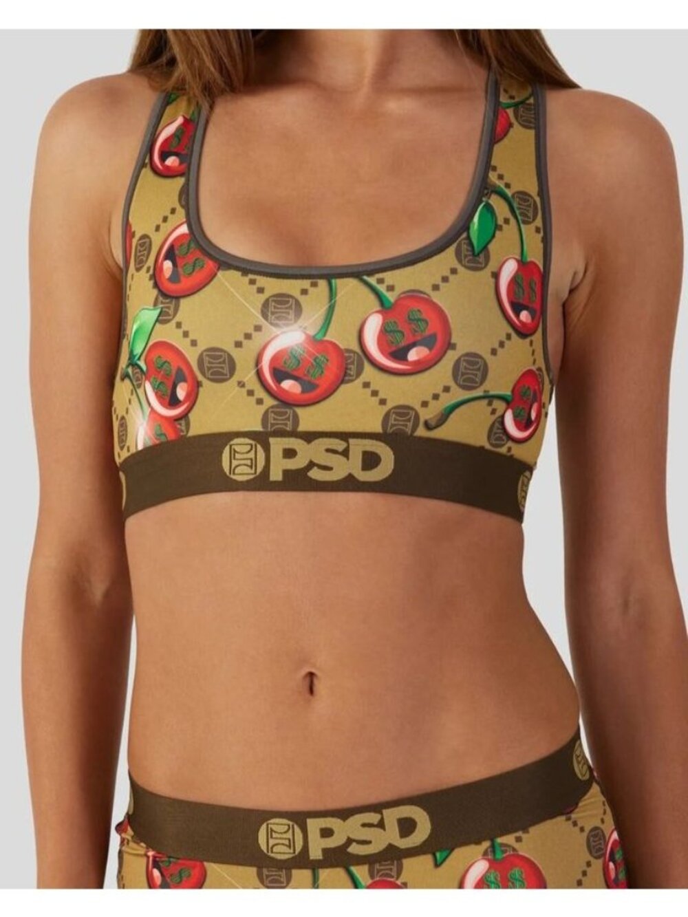 PSD Womens Cherry Sports Bra Size S Golden Yellow With Red Cherry Print Size L